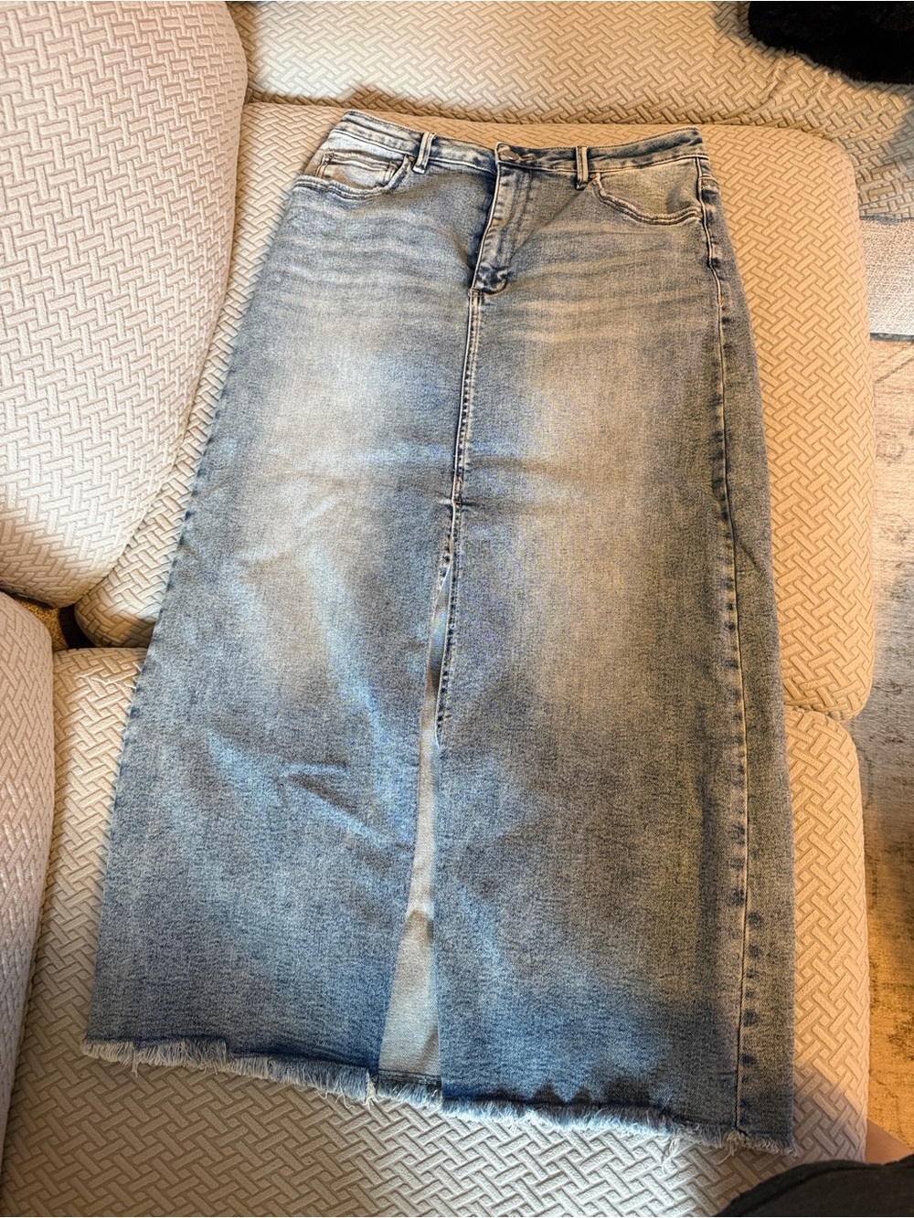 Light Blue Denim Midi Skirt with Front Slit